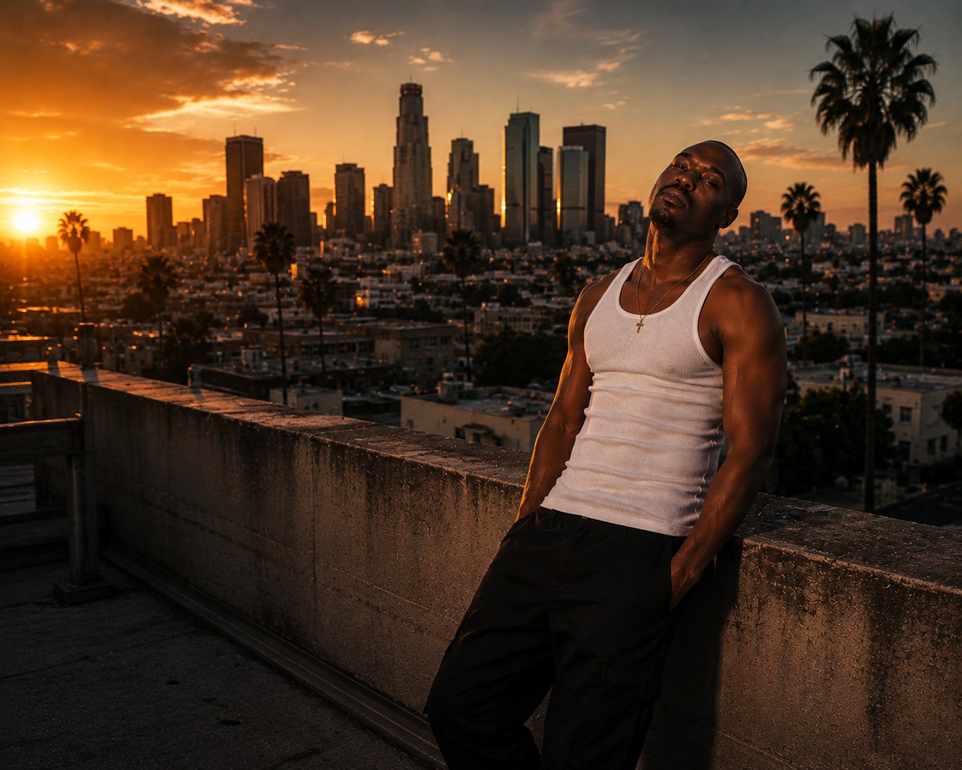 West Tantrum - cinematic portrait at night on a Los Angeles rooftop